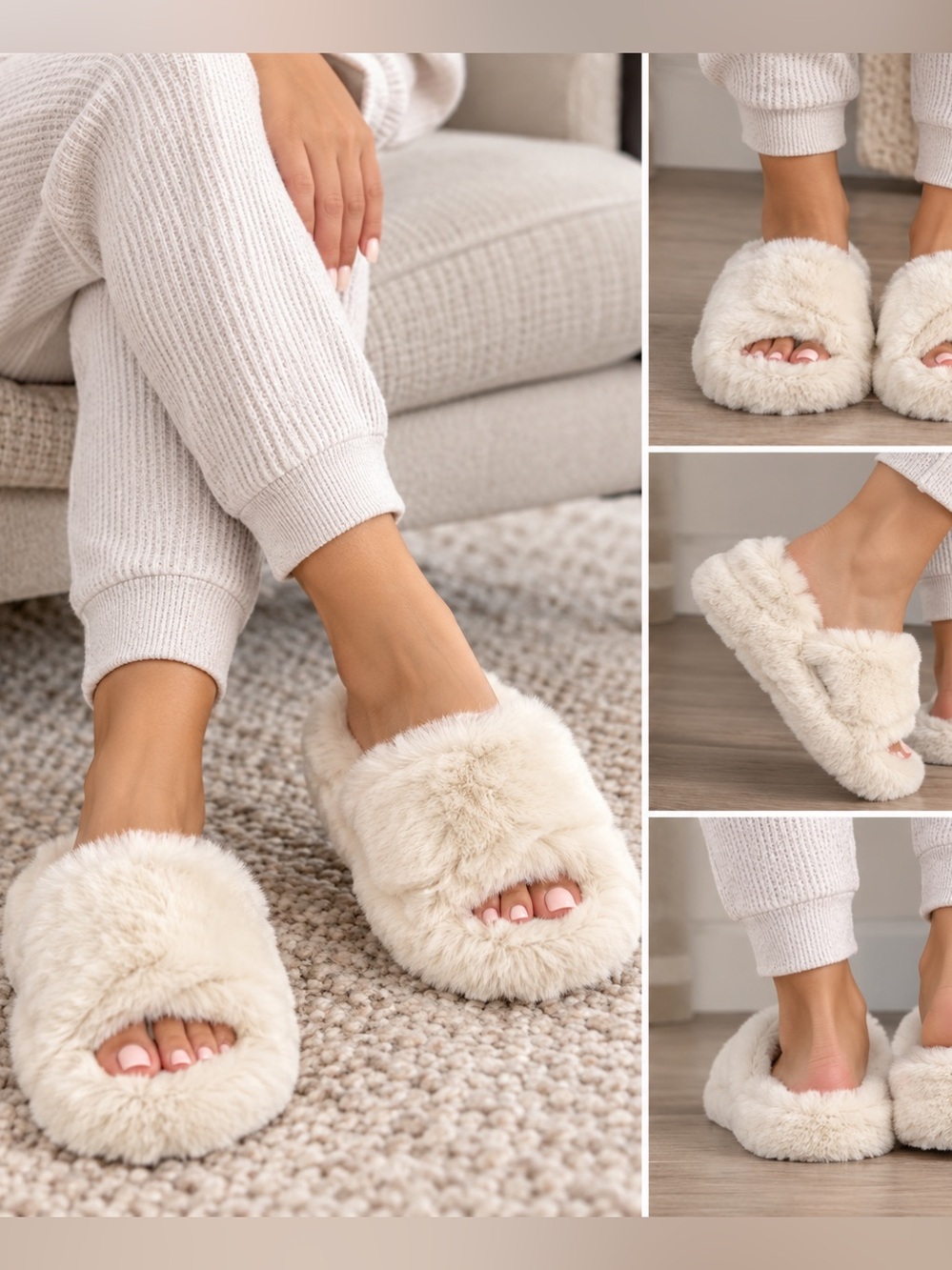 Primark  Faux Fur Cream Women Slides - Cozy Winter Accessory